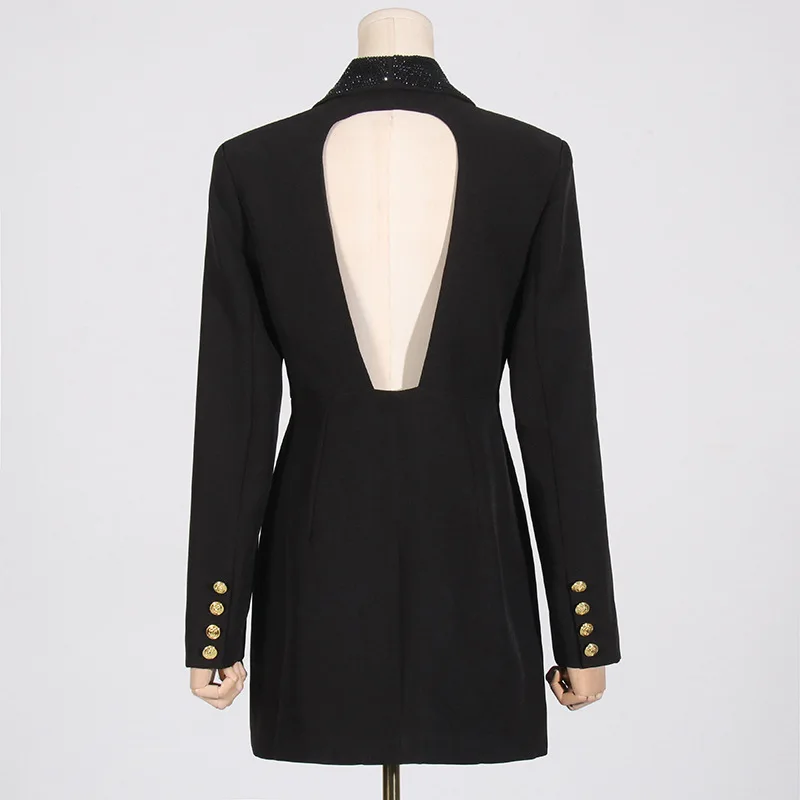 เสื้อเบลเซอร์ผู้หญิงสไตล์หรูหราสำหรับฤดูใบไม้ร่วง คอวีลึก ตกแต่งด้วยลูกปัดหนัก ดีไซน์ตัดต่อเปิดหลัง ทันสมัย