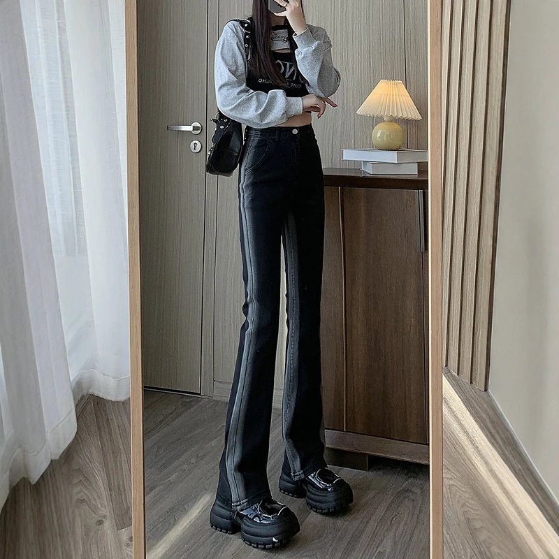 

Black High Waist Bell Bottom Jeans Women's Summer New Korean Style Slimming Leggings Casual Cotton Stretchable Trousers