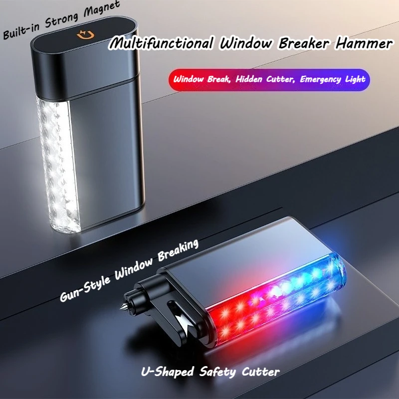 Magnetic Portable Car Safety Escape Hammer Flashlight Tungsten Steel Window Breaker U-Shaped Seat Belt Cutter Auto Emergency Kit