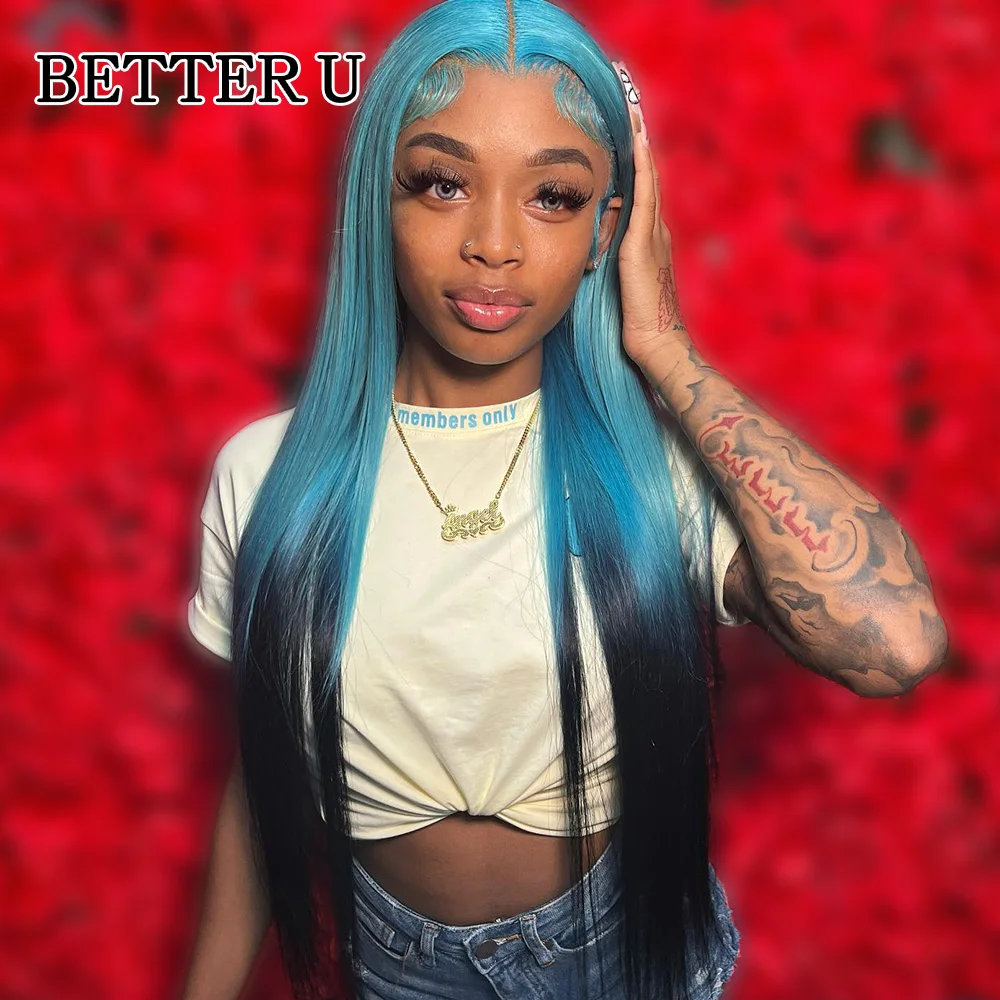 

Straight Ombre Blue Black Brazilian Human Hair Wig 13x4 13x6 Lace Front Wig For Women Pre-Plucking Lace Closure Human Hair Wig