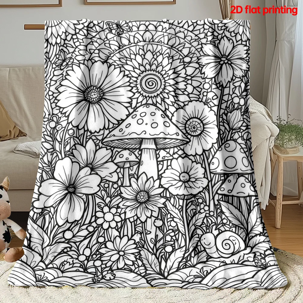 Black and White Line Art Mandala-Style Floral Mushroom Snail Greenery Coloring Painting Healing Hand-Painted Print Flannel Blank