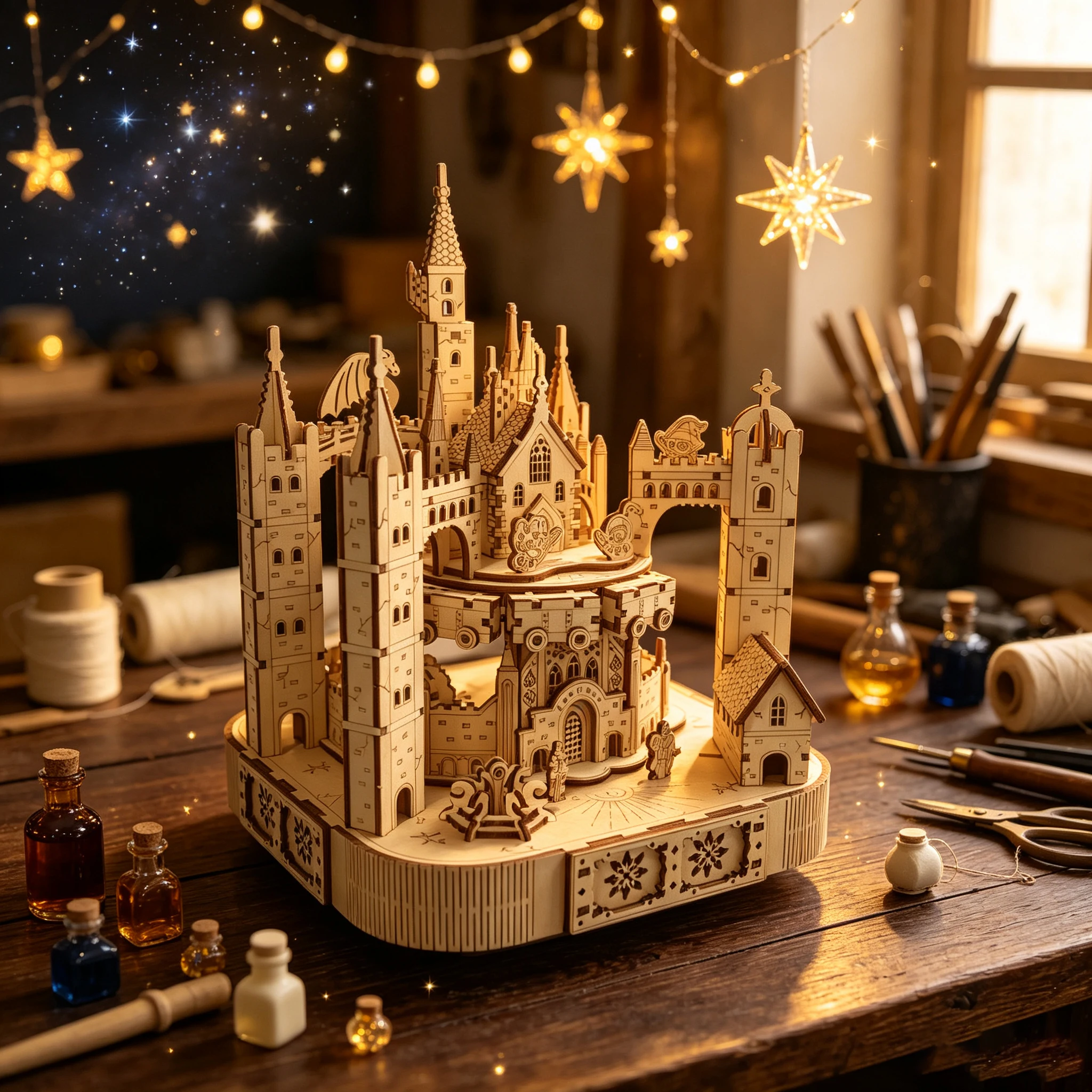 Music Box Wooden 3D Puzzle Rotating - DIY 3D Wooden Magic Castle Music