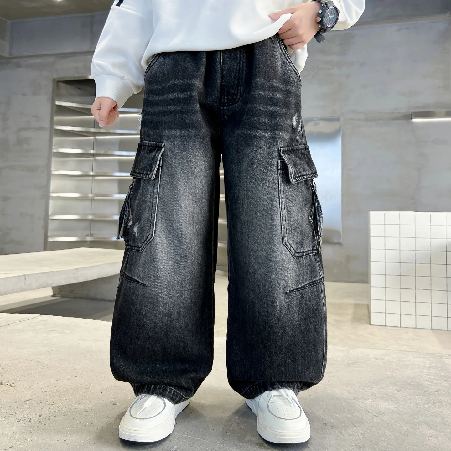 Autumn Children Streetwear Heavy Cargo Jeans Clothing Boy Hip Hop Retro Pockets Baggy Denim Pants Kids Casual Jeans Trousers