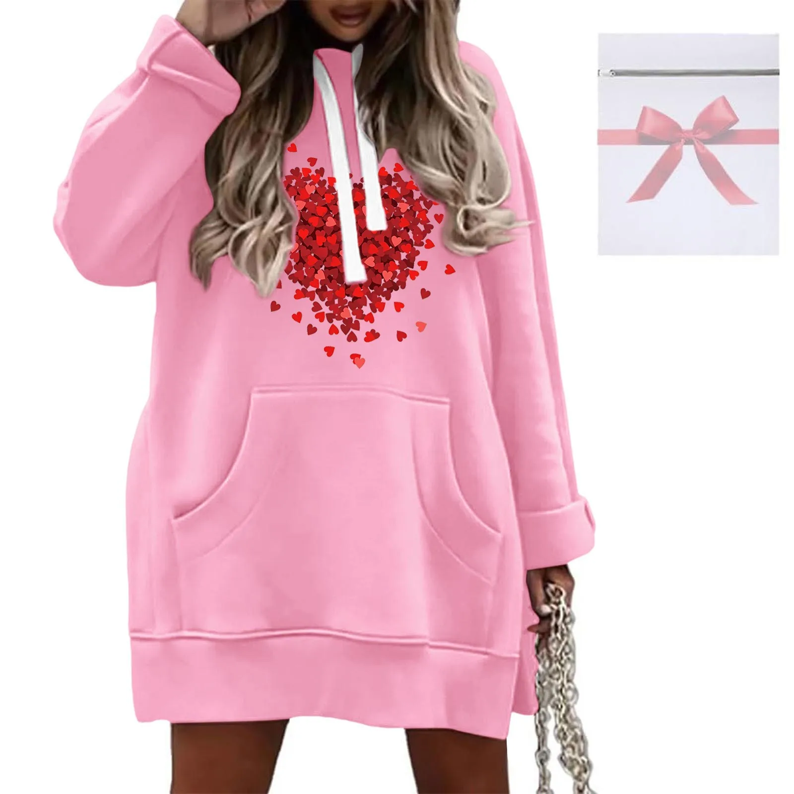 

Valentine'S Day Woman Clothing Pink Cute Cartoon Love Print Sweatshirts Dresses Large Sizes Y2k Vintage Hoodie Couple Pullover