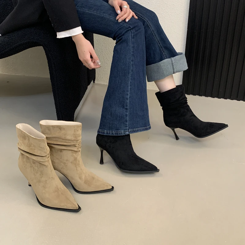 

pleated Ankle Boot Shoes Woman designer flock modern Boots luxury slip on Short Boots pointed toe high Heels Pump black khaki