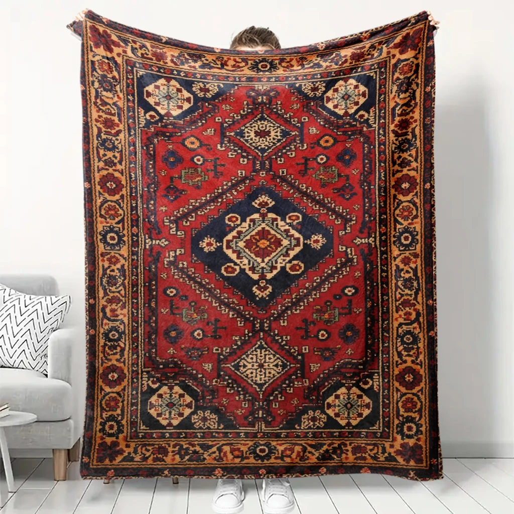 A Cozy Persian Carpet Patterned Fleece Blanket, Featuring High-Definition Digital Printing, Suitable for All Seasons, a Cooling