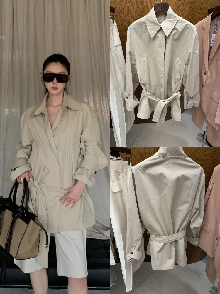 

Простое повседневное свободное пальто с завязками на талии в стиле ретро, ветровка с винтажным воротником, верхняя одежда, длинный све