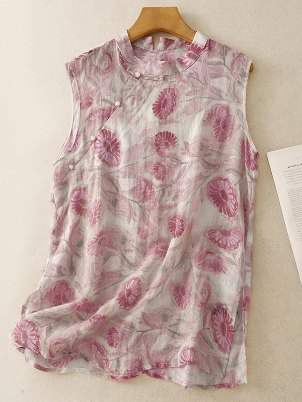 

Summer Thin Cotton Linen Svel Pink irt Floral Print Large Size Women's Casual Sle Commute Loose Fit Button up irt