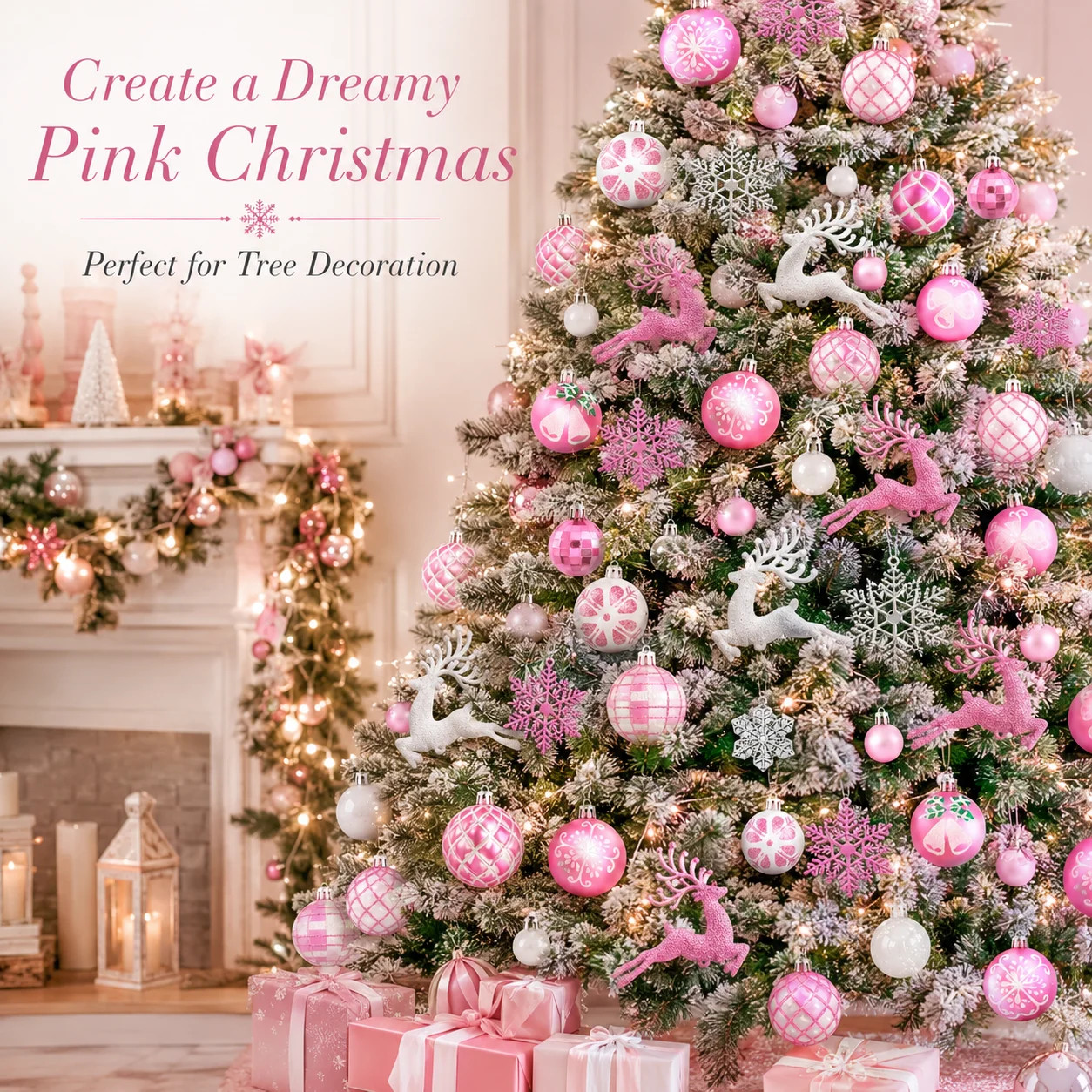 45Pcs Pink & White Christmas Ornaments Set, Shatterproof Xmas Tree Baubles, Elk Snowflake Hanging Decor for Holiday Party
