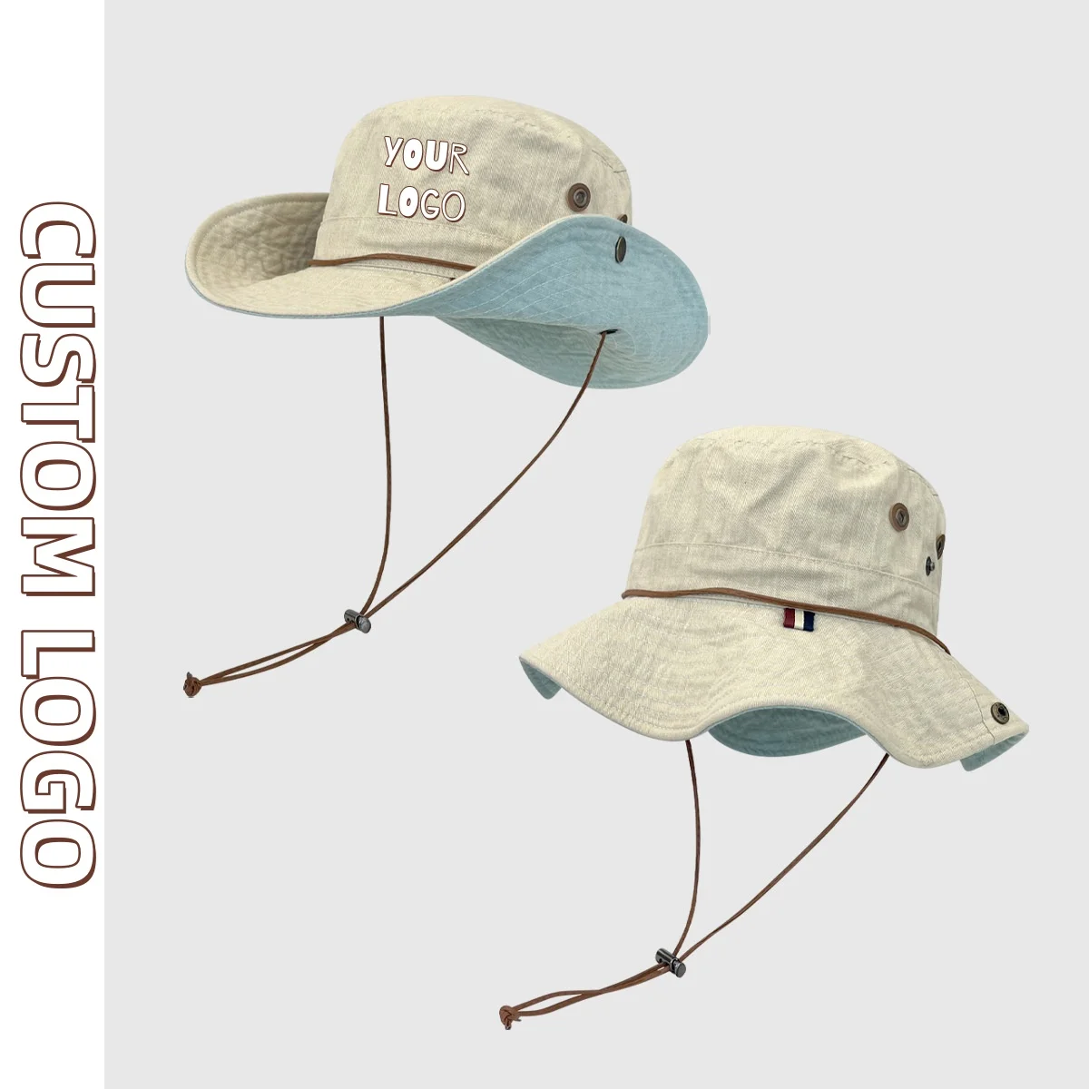 Denim Bucket Hat mit individuellem Logo, Unisex-Sonnenhut mit breiter Krempe, Outdoor-Wander- und Angelhut, verstellbarer Kinnriemen, UV-Schutz