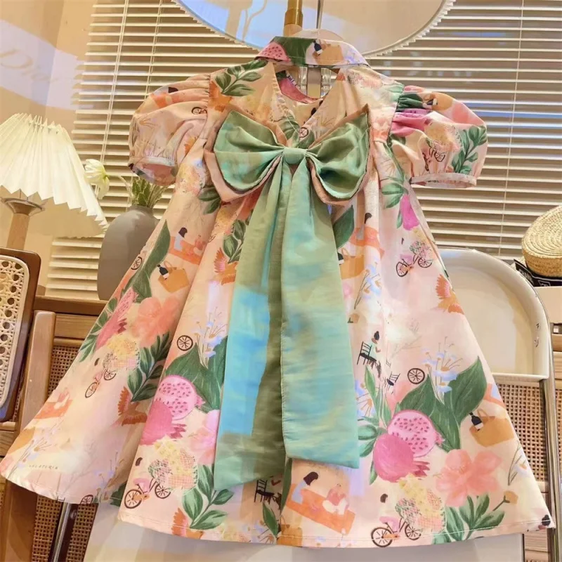 

New Girl Bow Sweet Floral Dress2024Summer New Fashionable Stylish Puff Sleeve Princess Dress