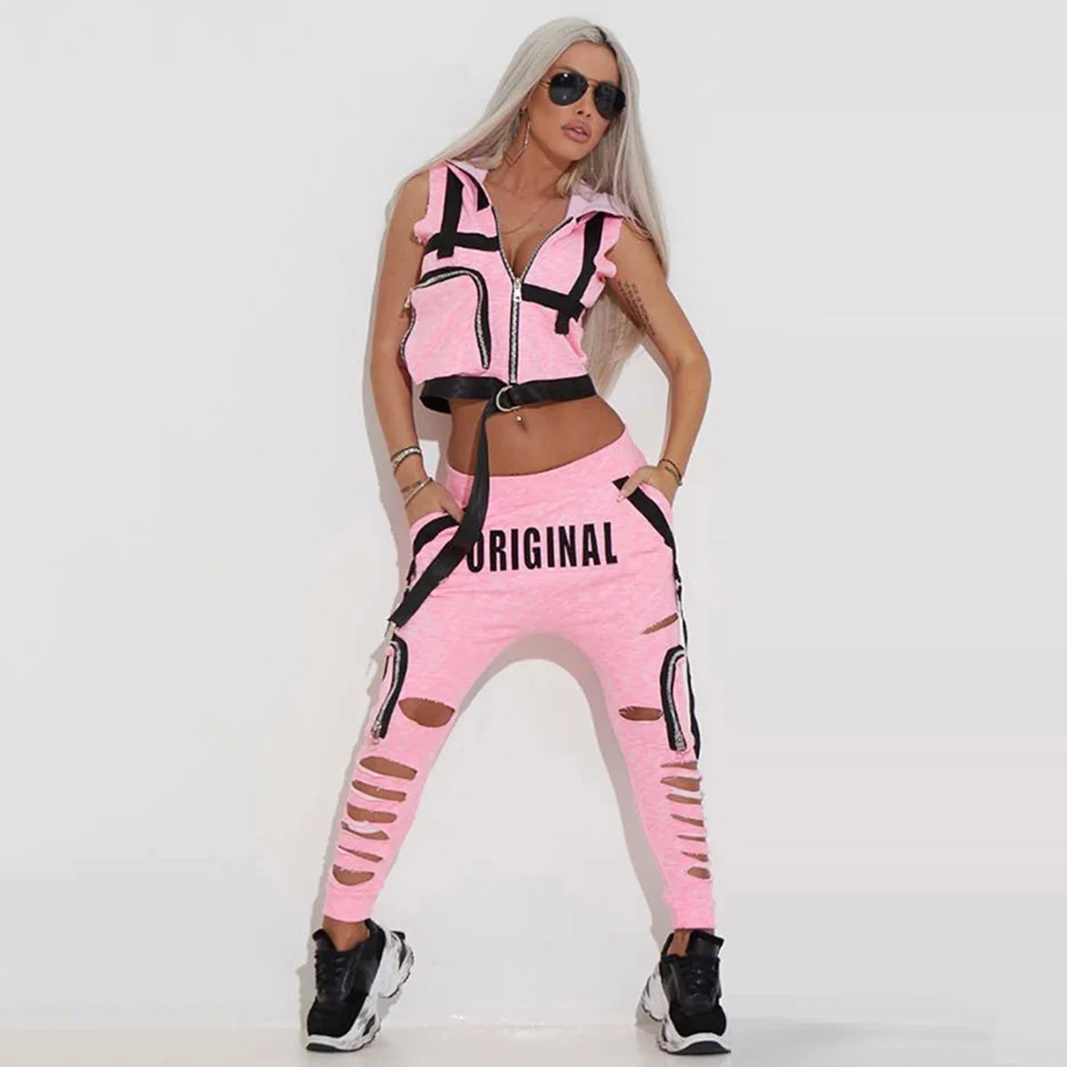 

Women's Streetwear Pink 2 Piece Set Sleeveless Zip-Up Hooded Crop Tops & Distressed Hollow Out Joggers Hip Hop Style Sportsuits