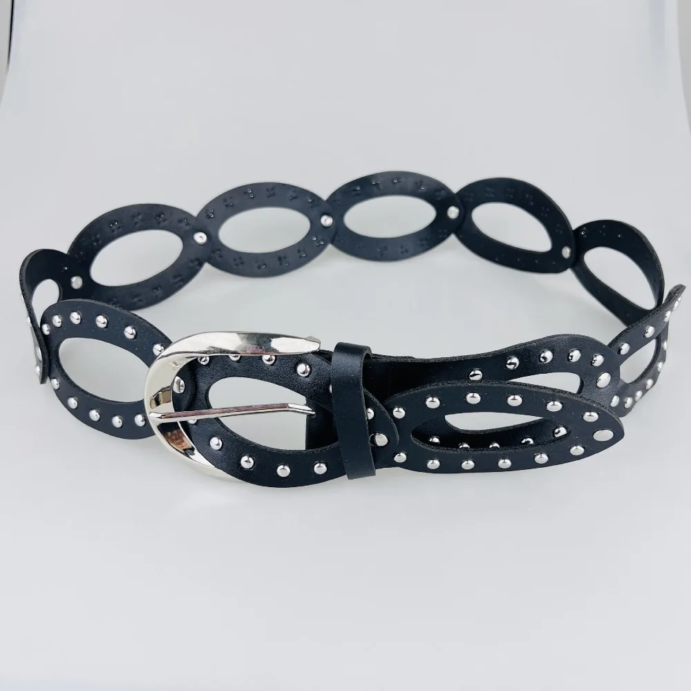 

Adjustable Cowgirl Waist Belt Hollow Out Elliptic Geometry PU Leather Waistbands American Retro Wide Side Rivet Waist Belt