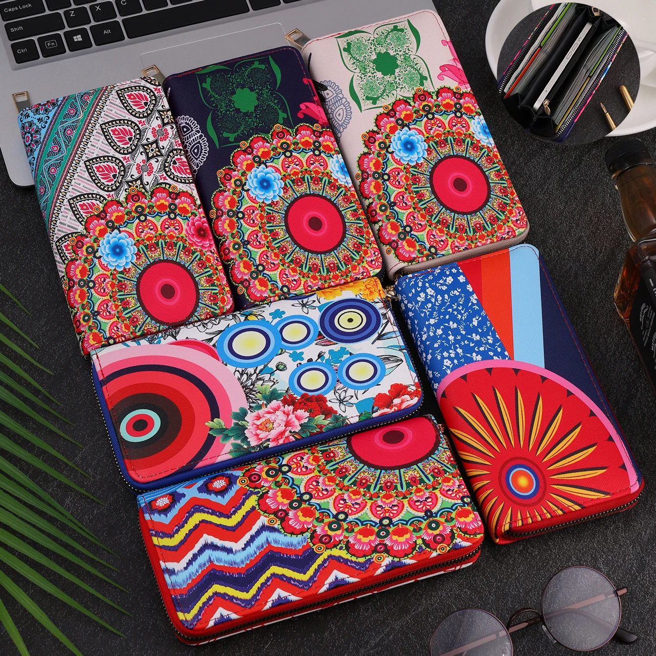 Portafoglio retrò alla moda con stampa motivo floreale borsa per carte multifunzionale stile lungo facile da tenere insieme
