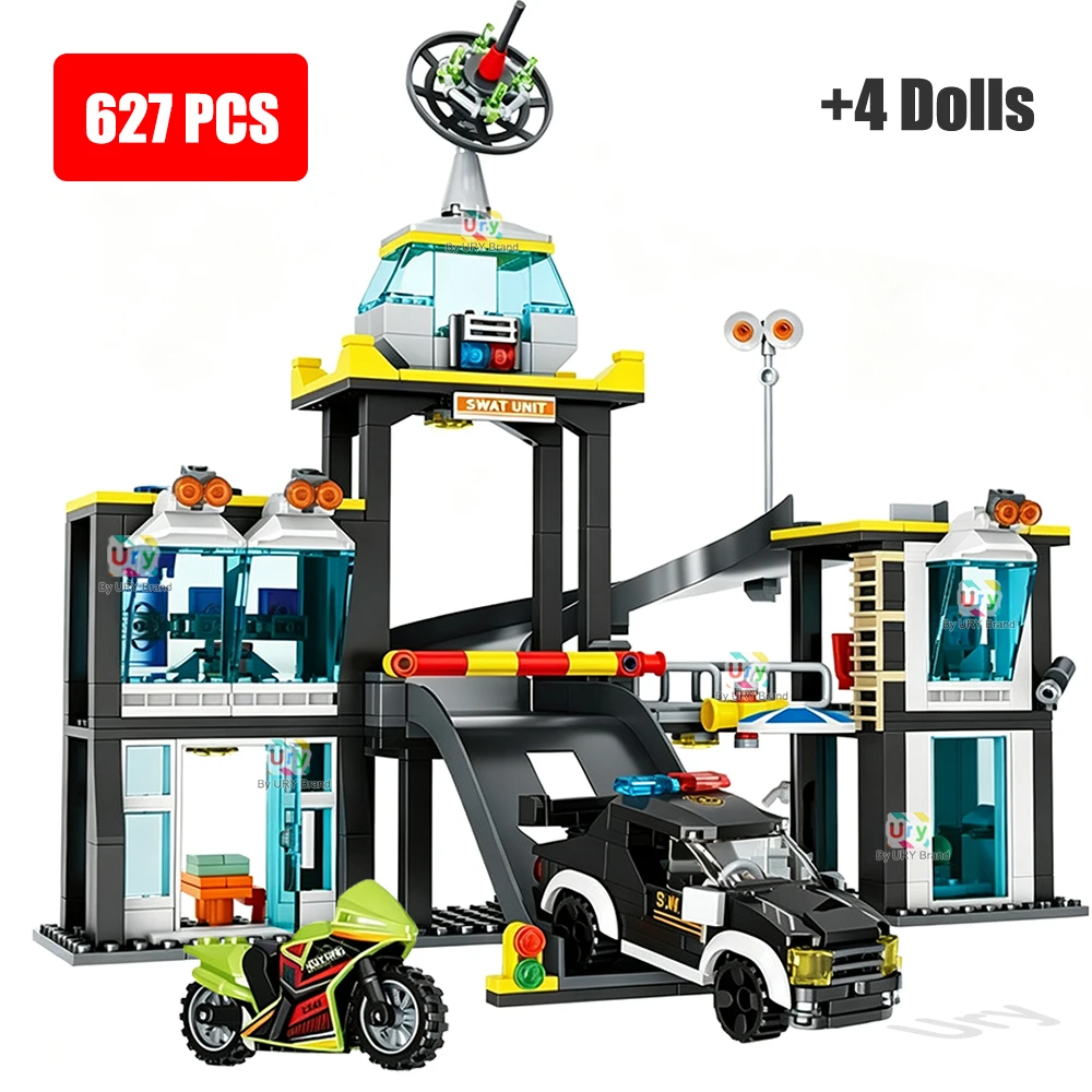 City Series Black Police Station With Slide SWAT Police Car Motorcycle Military Set Building Block Car DIY Toy for Birthday Gift