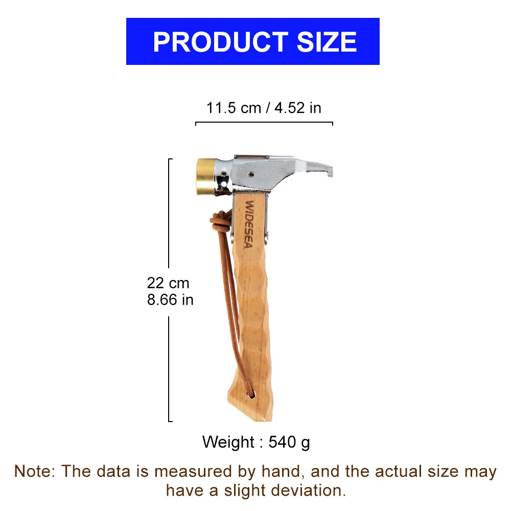 Widesea Camping Hammer Stainless Steel Brass Outdoor Tent Nails Tool Wooden Handle Mallet with Puller Hiking Backpack Supplies