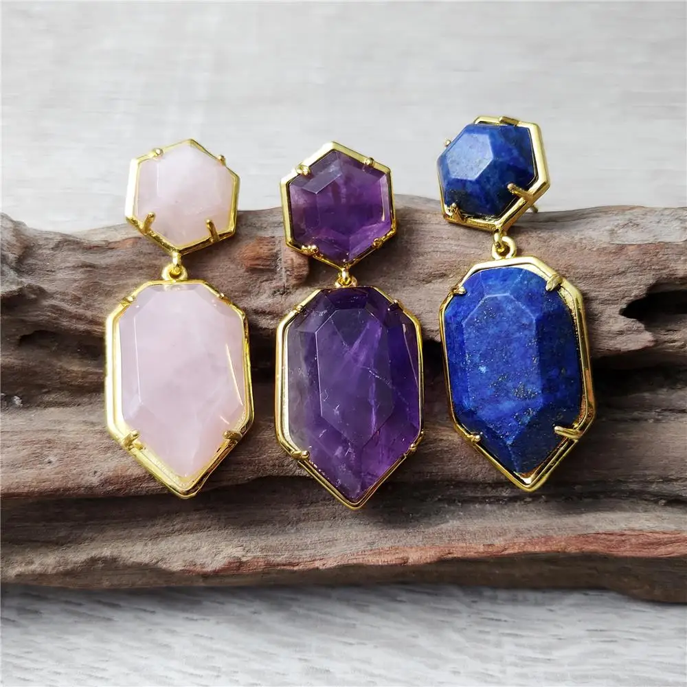 FUWO Wholesale Elegant Natural Quartz Drop Earrings,Golden Plated Shield Shape Jewelry For Women Wedding Gift 5Pairs/Lot ER039