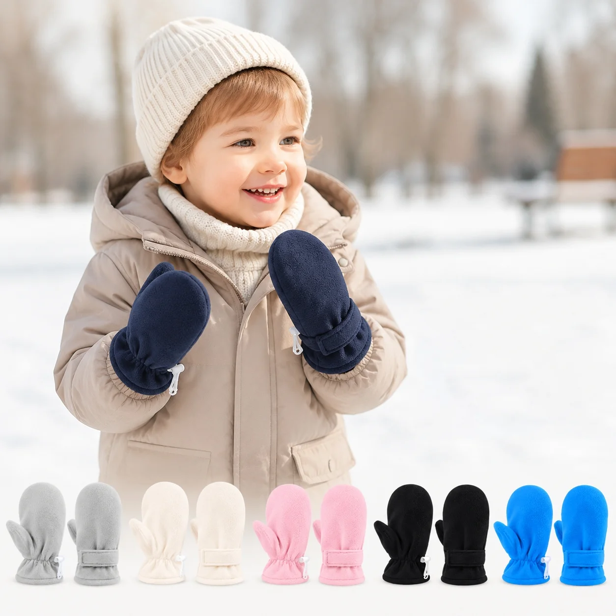 Adjustable Toddler Infant Winter Mittens  Lined Thick Warm Gloves Baby Boys Girls 1-8 Years Old