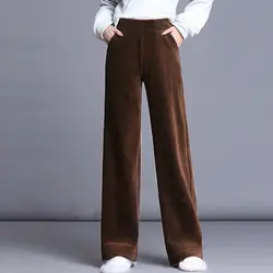 Pantalones de pana con bolsillos para mujer, pantalón de pierna ancha de cintura alta, elástico, grueso, informal, Vintage, moda de otoño e invierno