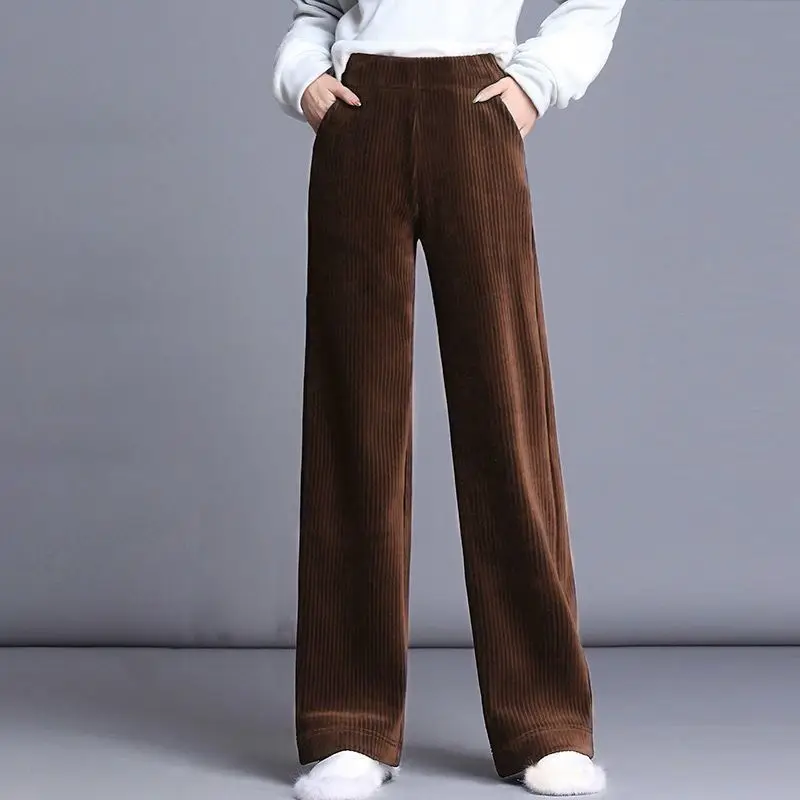 Moda Jesień Zima Kobiety Sztruksowe Spodnie Solidne Kieszenie Casualowe Grube Vintage Luźne Elastyczne Spodnie z szeroką nogawką z wysokim stanem
