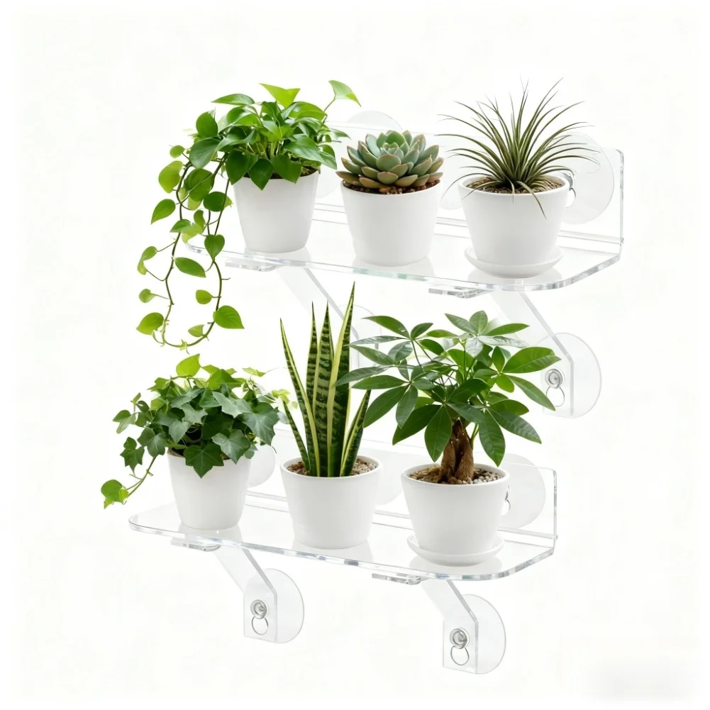 12 by 5 Inch Acrylic Window Plant Shelf Set with Suction Cups and Load Bearing Legs for Bathroom Balcony Plants