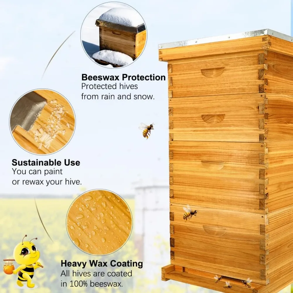 

10-Frame Langstroth Beehive Dipped in 100% Beeswax, Complete Bee Hives and Supplies Starter Kit Includes 2 Deep Hive Bee