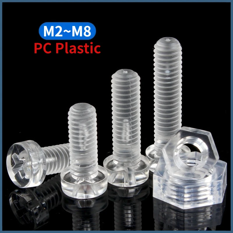 Acrylic PC Plastic Nylon Phillips Round Head Screws Transparent Clear Bolts with Hexagon Full Nuts M2 M2.5 M3 M4 M5 M6 M8