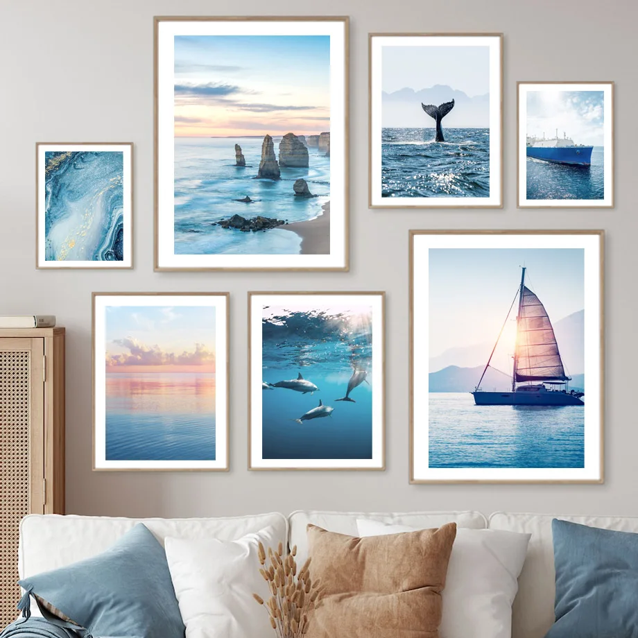 Travel Sunset Beach Sea Sailboat Whale Dolphin Nordic Poster Wall Art Print Canvas Painting Wall Pictures Living Room Home Decor