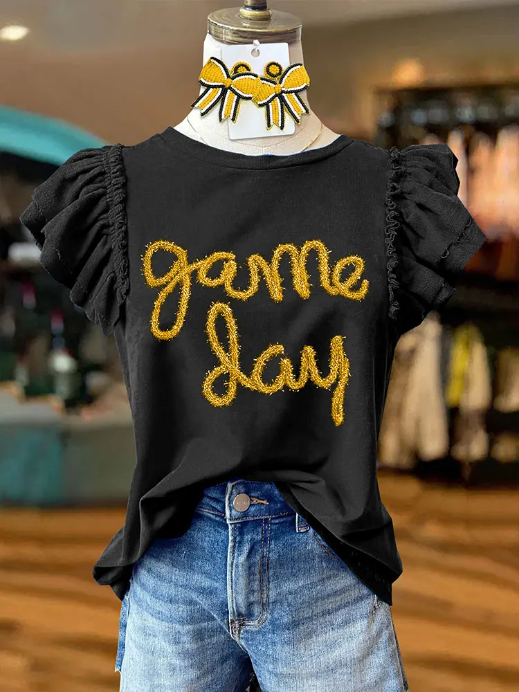 Classic Gameday Shiny Lettering Flying Sleeve Top Women Blouse