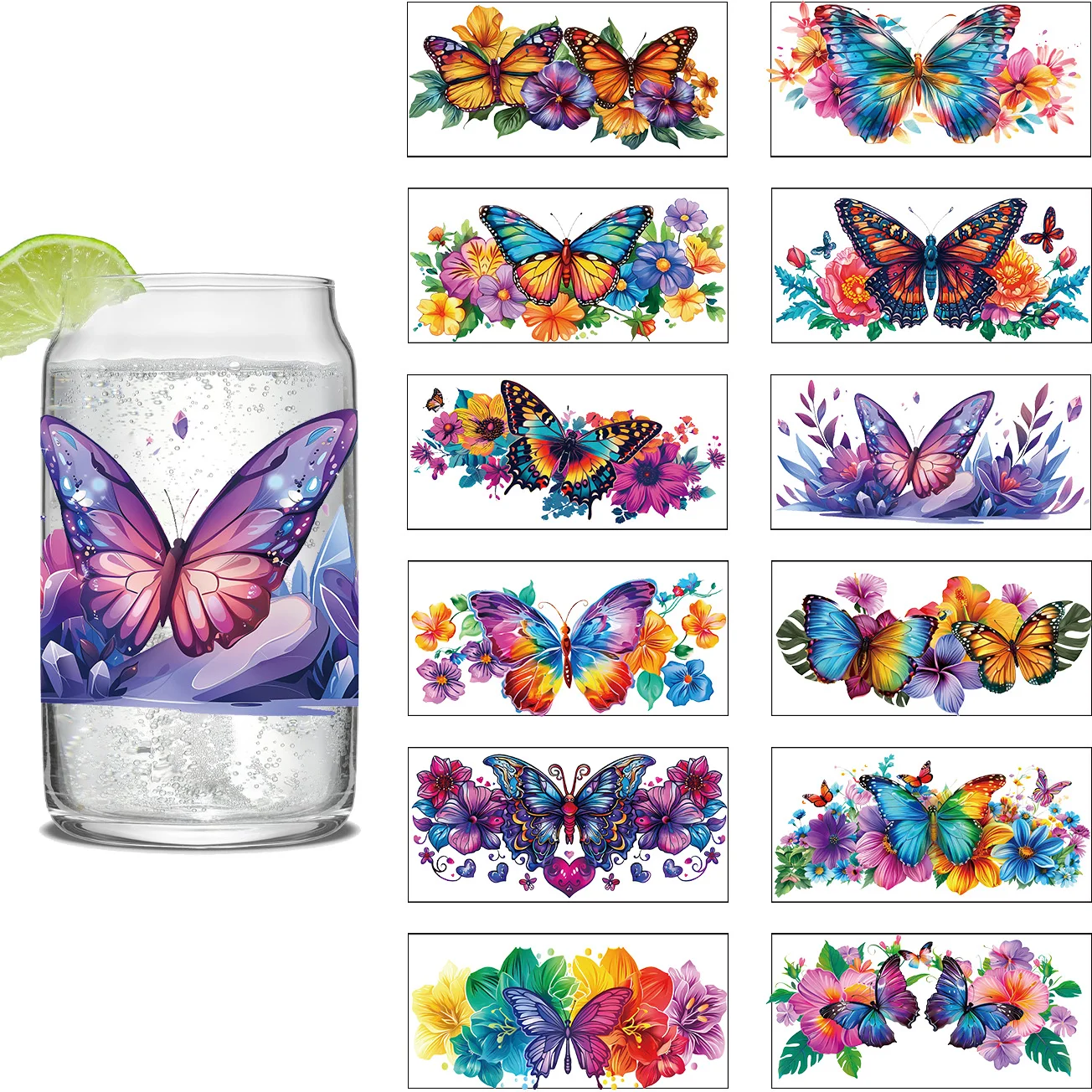 

Colorful Butterfly Series Easy peel waterproof DIY Decals 3D transfers uvdtf crystal stickers 16oz uv dtf cup wraps for Glass