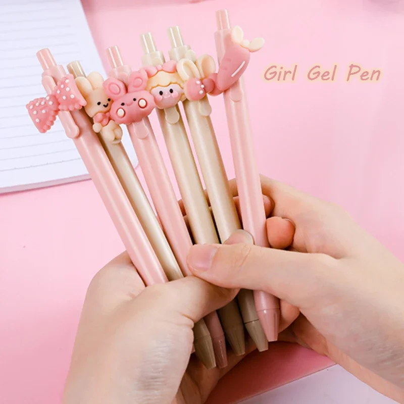 5Pcs Random INS Cute Cartoon Beige Pink Series Press Gel Pen 0.5mm Kawaii Rabbit Bow Girl Writing Pen Stationery School Supplies