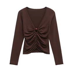 Women Sexy T-shirt Long Sleeve Shirring V-neck Lady Slim Tshirt Thin Solid Color Female Crop Top Tees for Woman 3920480