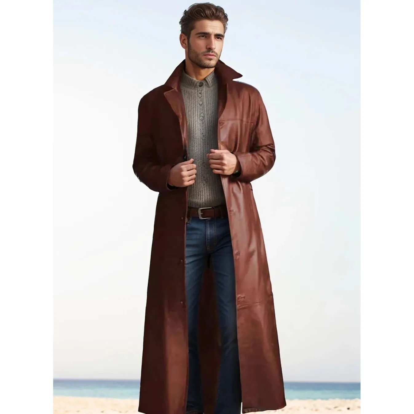 New Autumn Mens Fashionable Color Leather Jacket Short Style V-Neck Seven-Sleeve Simple Design Extensive Application