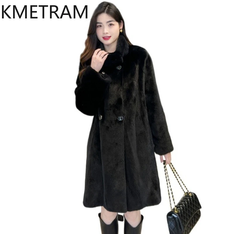 KMETRAM 100% chaqueta de piel de visón entera Natural para mujer, abrigo de piel de visón auténtica negro de longitud media de alta calidad, ropa de invierno para mujer 2025 шуба