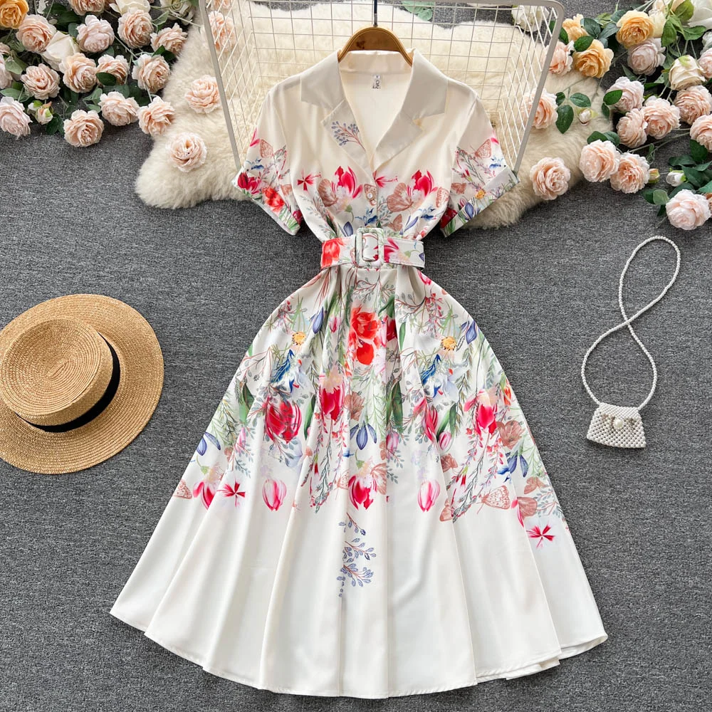 Jamerary Zomer Bloem Overhemd Jurk Dames Casual Vintage Gekerfde Kraag Korte Mouw Bloemenprint Midi Jurken Kantoorwerk Riem