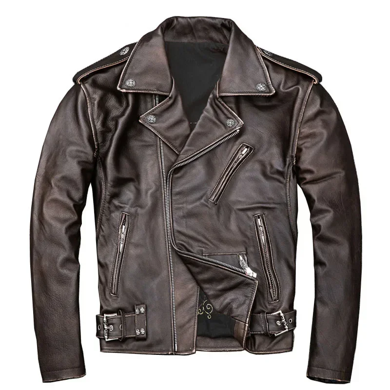 Brown Distressed Motorcycle  Men 100% Calf Skin Classic Slim Leather Jacket Man Moto Biker Coat Winter 5XL M190