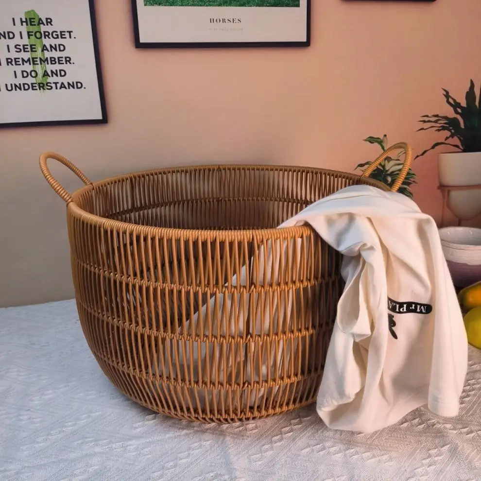 Handmade PP Rattan Large Waterproof Laundry Basket with Handles - Spacious Clothes, Toys and Bathroom Storage Basket