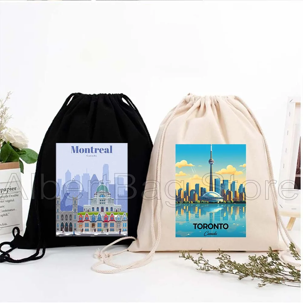 

Travel Toronto Montreal Quebec Vancouver Canada Art Cityscape Canvas Drawstring Bag Soccer Backpack Sackpack Sports String Bag