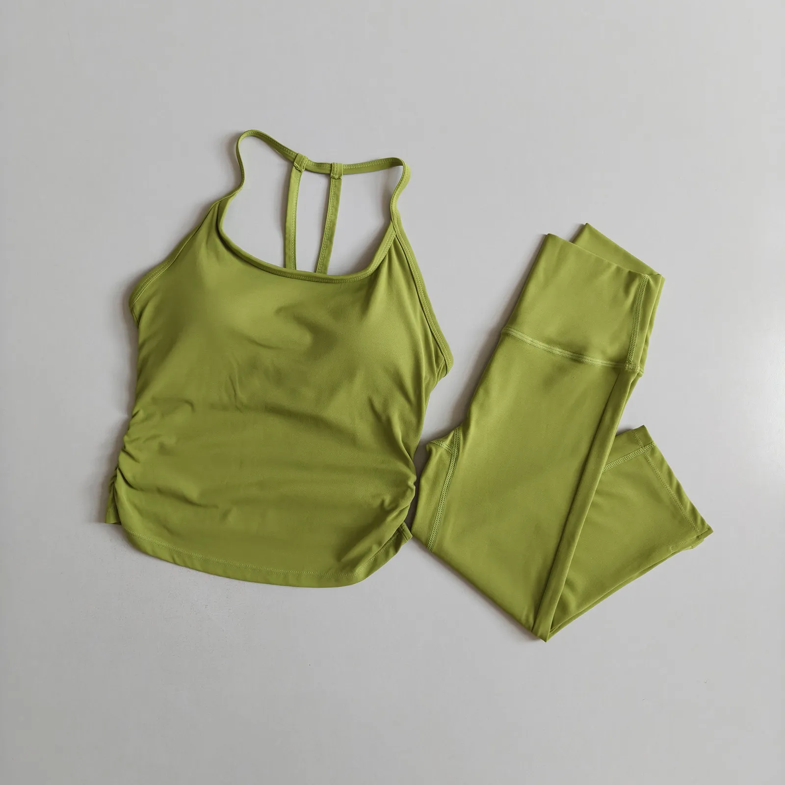 Women Two Piece Nude Yoga Set High Waist Cinching Cropped Gathered Pants Back Cutout Pilates Sports Bra