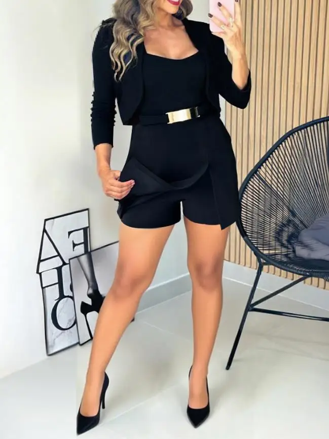 Women's Sets 2 Pieces Outfit Metal Decor Square Neck Sleeveless Cinched Waist Wide Leg Jumpsuit & Casual Crop Cardigan Set