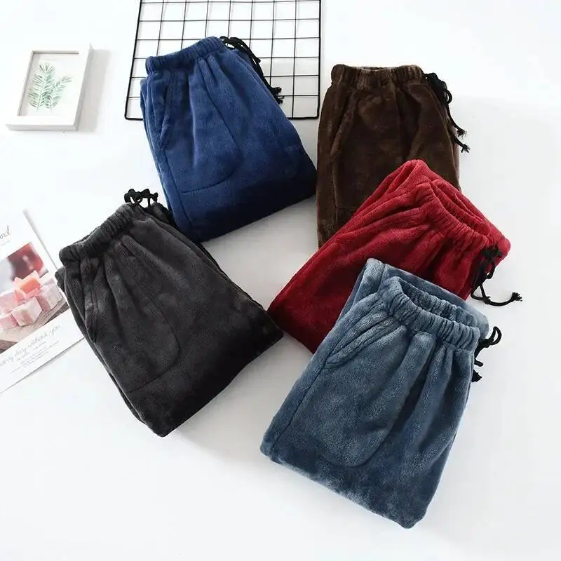 

Fall/Winter Thickened Flannel Pamas Men's Thick Coral Fleece Loose Large Size Home Pants Straight Trousers Bas De Pyjama Femme