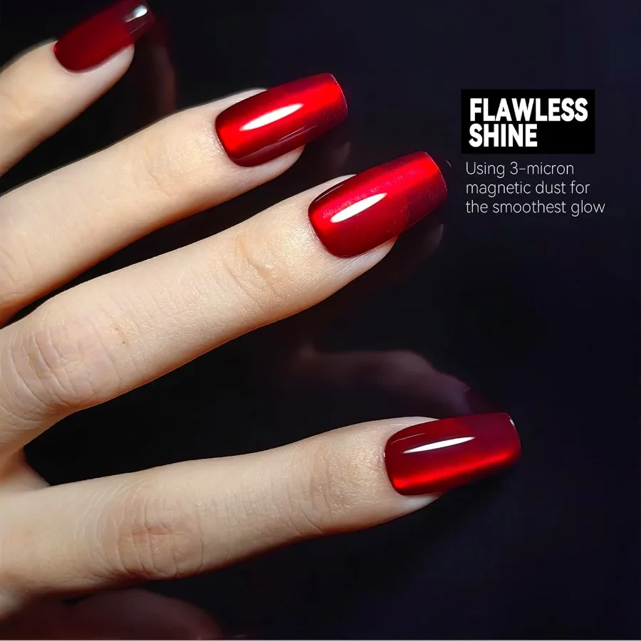 True Ruby Red Press on Nails for Women with Magnetic Cherry Shimmer and UV Finish in Medium Coffin Shape Ideal for Daily Wear P