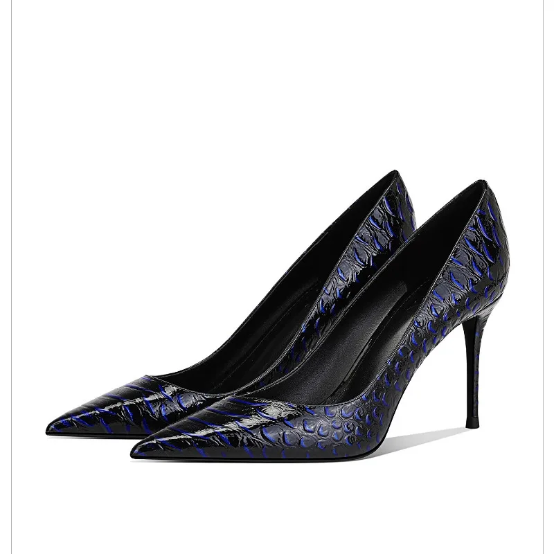 

2025 New Blue Scale High Heels Women Genuine Leather Autumn Winter French Stiletto Pumps Elegant Pointed Toe