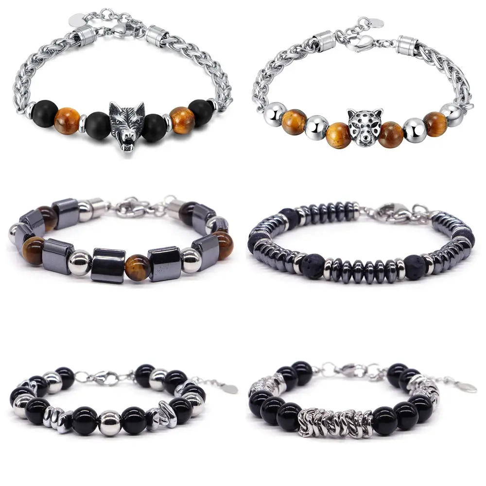 

Trendy Vintage Stainless Steel Bracelets Natural Stone Tiger Eye Spliced Leopard Wolf Head Valentine's Present Men Women Jewelry