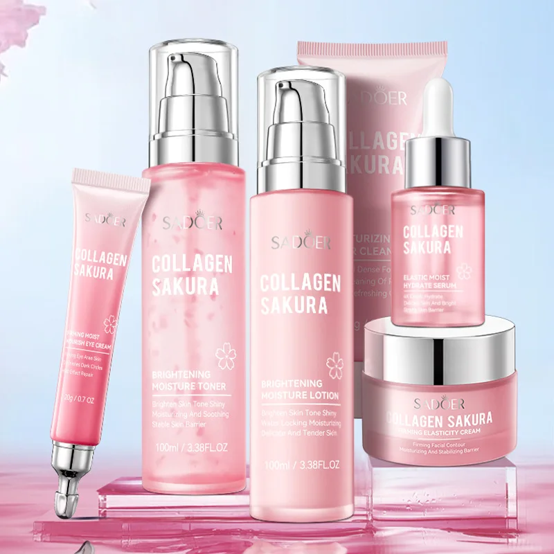 

6Pcs Cherry Blossom Collagen Facial Products Kit Cleanser Toner Eye Cream Serum Lotion Cream Skincare Product