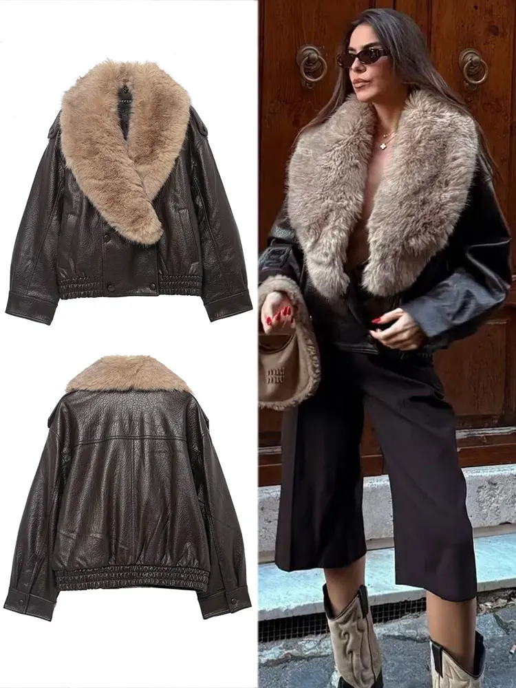 

HH зимние женские элегантные модные куртки с воротником из искусственного меха, куртка из искусственной кожи с длинным рукавом, осеннее женское свободное повседневное пальто большого размера