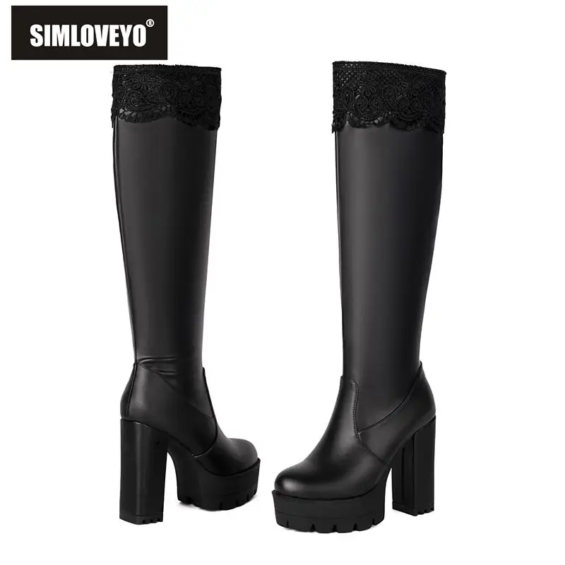 

SIMLOVEYO 2025 Women Knee High Boots Round Toe Thick Heels 11.5cm Platform 3.5cm Zipper Larger Sizes 48 49 50 Party Booties