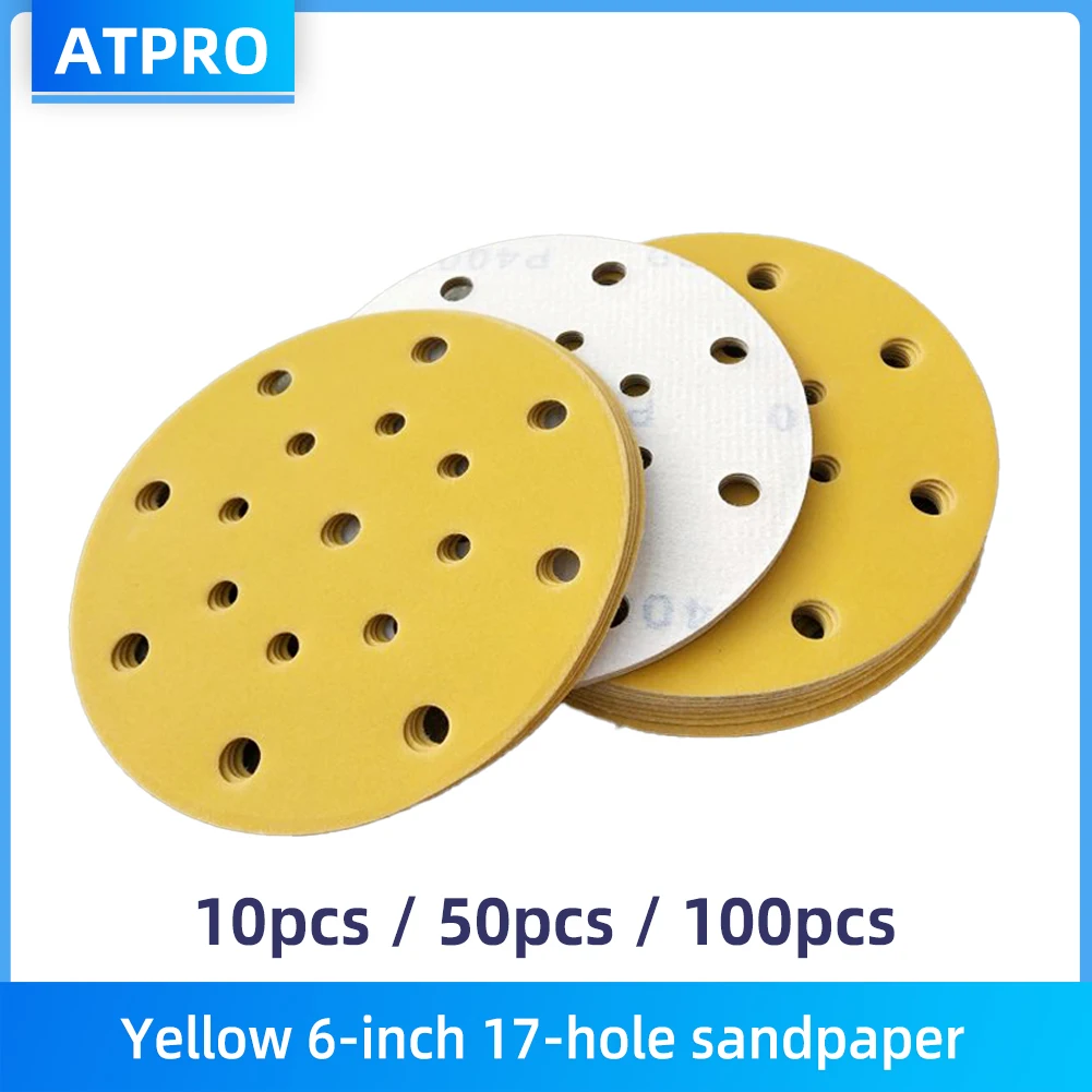 

Yellow 6-inch 17-hole Sandpaper, 150MM Round, Plush Abrasive, Suitable For Grinding Automotive Sheet Metal And Wood Products
