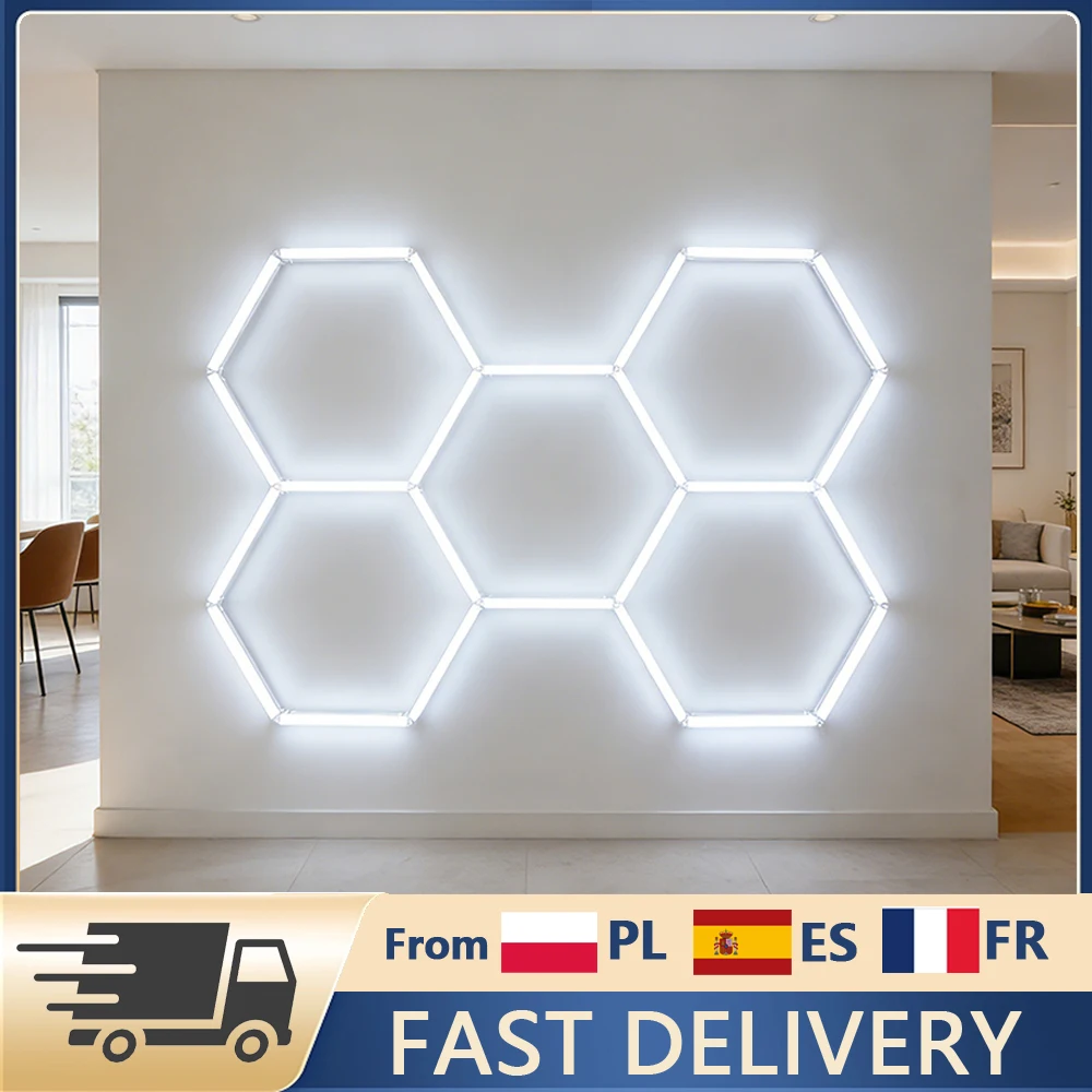 Lámpara LED Hexagonal para Techo de Garaje, 220V, Lámpara de 5 Celdas Tipo Panal para Detallado de Autos, Luz de Trabajo Súper Brillante con Kit de Conectores