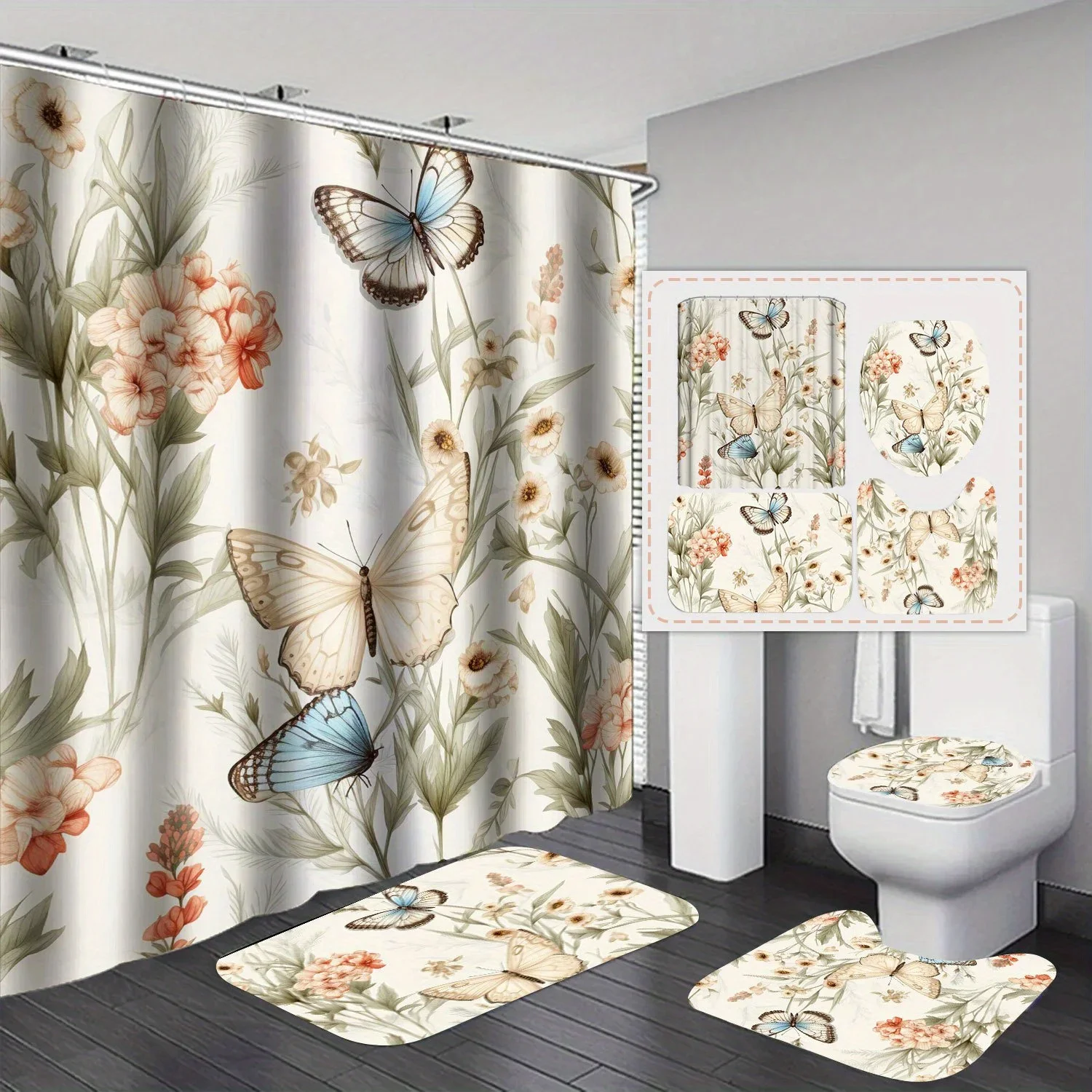 

Bathroom 4-Piece Elegant Butterfly Shower Curtain Set - Bathroom Decor - Perfect for All Seasons with 12 Auxiliary Hooks